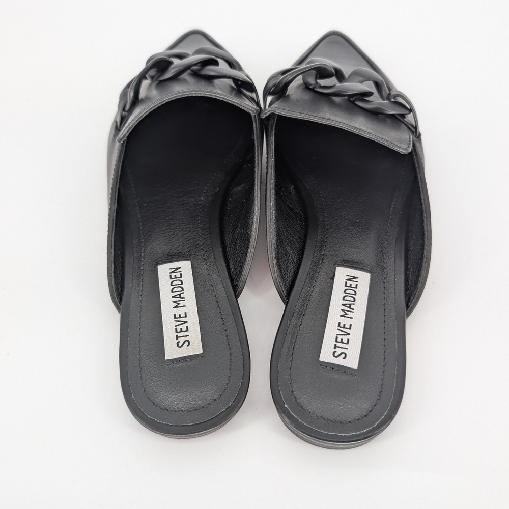Steve Madden Fleur Mule Women 9M Black Leather Pointed Toe Chain Flat Chic Edgy - Picture 6 of 10